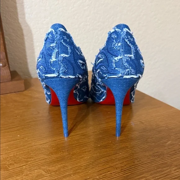 Christian Louboutin Blue Embroidered Denim Heels - Picture 2 of 5
